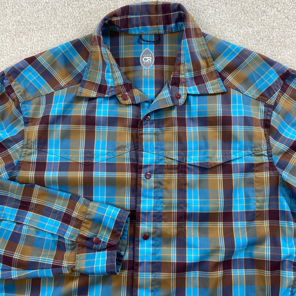 Club Ride Cycling Shirt Mens Medium Blue Plaid Long Sleeve Snap Front MTB